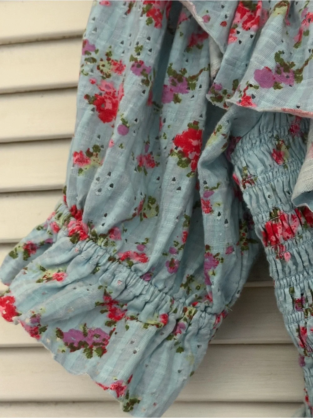 Free People Light Blue Floral Favorite Girl Smocked Ruffle Top